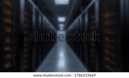 Inside a modern data center, rows of server racks are visible. The image shows the infrastructure of a large data storage facility, highlighting technology and data management.