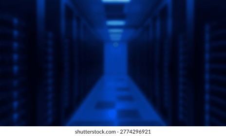 Inside a modern data center server room, featuring rows of servers with blue lighting, showcasing technology and data storage.