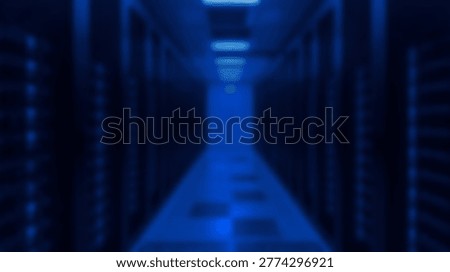 Inside a modern data center server room, featuring rows of servers with blue lighting, showcasing technology and data storage.