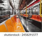  Inside of New York Subway. New York City subway car interior with colorful seats 