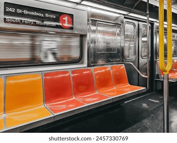  Inside of New York Subway. New York City subway car interior with colorful seats  - Powered by Shutterstock