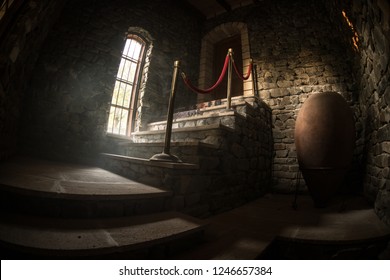 Inside Of Old Creepy Abandoned Mansion. Staircase And Colonnade. Dark Castle Stairs To The Basement. Spooky Dungeon Stone Stairs In Old Castle. Horror Halloween Background