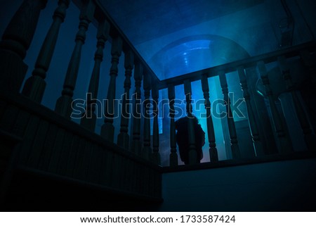 Inside of old creepy abandoned mansion. Silhouette of horror baby ghost standing on castle stairs to the basement. Horror Halloween concept