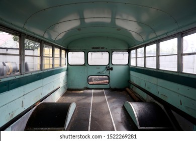 Inside Of The Old Empty School Bus. Scrapyard. 