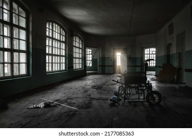 Inside old Orlovka Asylum for the insane in Voronezh Region. Dark creepy abandoned mental hospital. - Shutterstock ID 2177085363