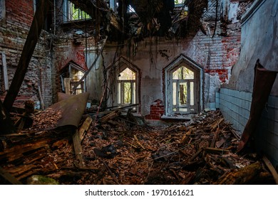 Inside Old Ruined Abandoned Historical Mansion In Gothic Style.