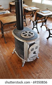 Inside Of Old School House With Old Wood Stove