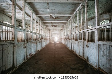 Inside old wooden stable or barn with horse boxes, tunnel or corridor view, toned