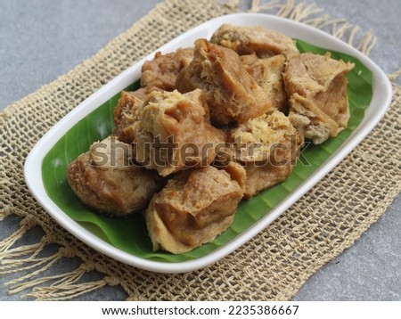 inside out tofu or tahu walik is snack from banyuwangi, east java indonesia made from tofu stuffed meatball