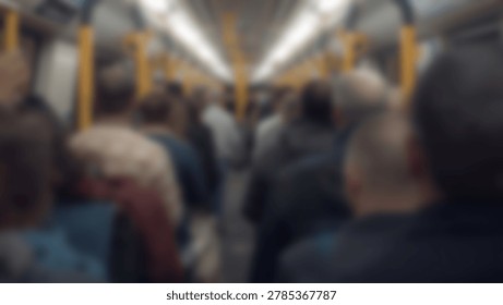 Inside a packed train car, a blurred image shows many passengers during a commute. The focus is on the density of people.