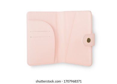 Inside Part Of A Pink Leather Passport Case With A Press Stud Isolated On White Background.