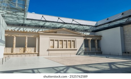 Inside the Polycentric Museum of Aigai (Aegae), Vergina, Greece. Archaeology place with artifacts from the ancient Kingdom of Macedon. Architectural Archaeology.