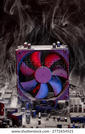 Inside a processor unit overheat and malfunction electronics parts. Computer components that look like a small city.
