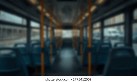 Inside a public bus, rows of empty seats are visible, suggesting a lack of passengers. The interior shows handrails and windows.