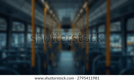 Inside a public transportation bus, showcasing rows of seats, handrails, and windows. The image captures the interior design and structure of the vehicle.
