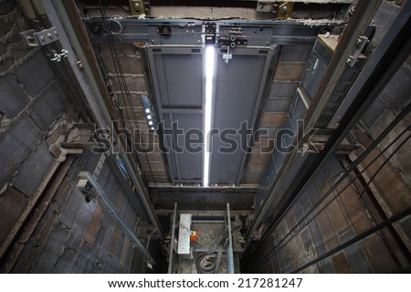 inside of roping Elevator, Lift box built  in high building show strong structure use for engineering construction and industrial object 
