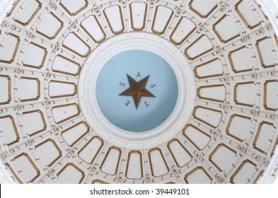 Inside The Rotunda Of The Texas State Capitol Building, The Domed Ceiling With The Word 