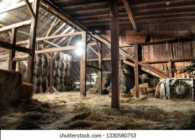 Inside Rustic Wooden Old Barn Hay Bales Straw Sunlight Rays Light Beams Farm