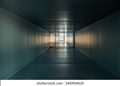 Inside Square Iron Or Metal Pipe As Abstract Industrial Background, Corridor Or Tunnel View With Light.