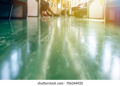 Inside subway underground train interior in metro city - low angle