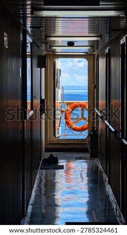 Inside of vessel accomodations, sea view, summer day, vacation