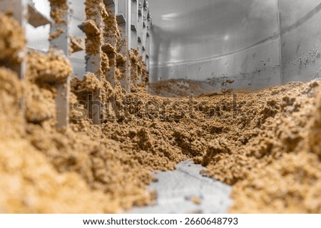 Inside view of beer fermentation process in large brewery facility.