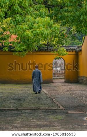 Inside view of a Buddhist temple, with a monk walking.