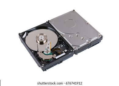 Inside view of hard disk isolated on white background