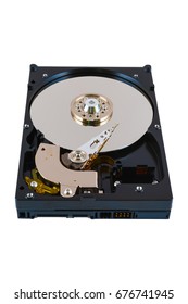 Inside view of hard disk isolated on white background