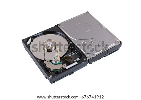 Inside view of hard disk isolated on white background