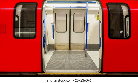Inside view of London Underground, Tube Station, train stopped opening the door - Shutterstock ID 257236096