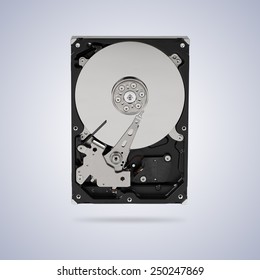 Inside view of opened hard drive. 