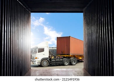 Inside View Of Shipping Cargo Container. Semi Trailer Trucks Loading Goods For Transportation. Industry Freight Trucks Logistics.