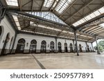 Inside view of a train station in Oran, Algeria. Beautiful vintage train station, platform view, with trains departing to Algiers and other cities.