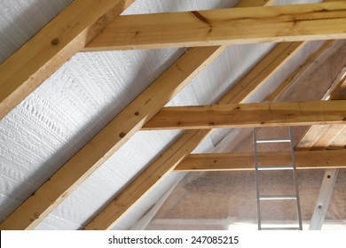 Inside Wall Insulation In Wooden House,  Building Under Construction 