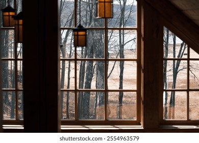 Inside a wood cabin looking out the window, winter forest, bare trees - Powered by Shutterstock