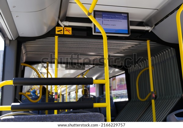 Inside yellow post car at bus station\
Triemli at City of Zürich on a sunny spring day. Photo taken May\
18th, 2022, Zurich,\
Switzerland.