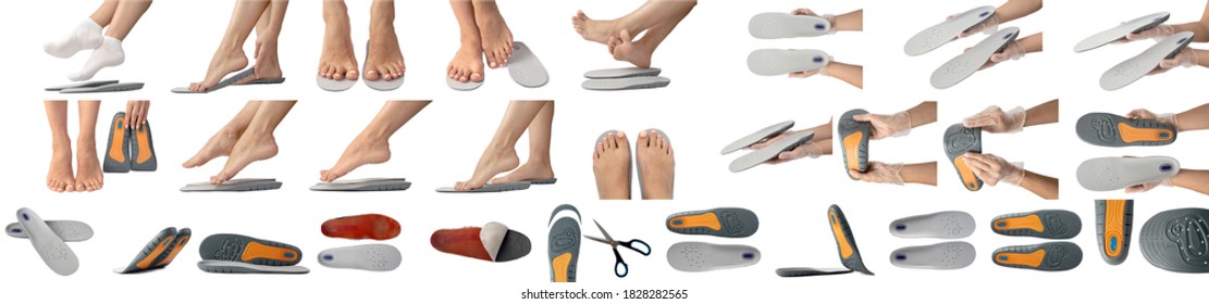 Insoles and female feet, hands isolated on white background. Set of photos in one lot, batch. Large set of different pictures for design.