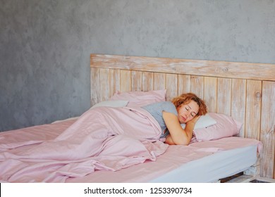 Insomnia In Women During Menopause / Overwork And Early Ascents/ Middle-aged Woman Sleeping Asleep In Bed / Copy Space