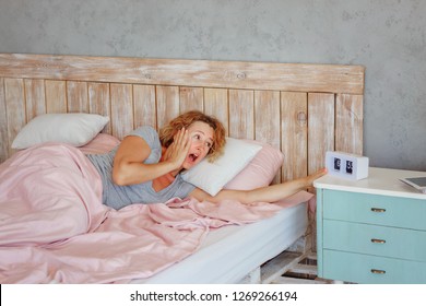 Insomnia In Women During Menopause / Overwork And Early Ascents/ Middle-aged Woman Sleeping Asleep In Bed / Copy Space