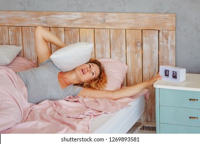 Insomnia In Women During Menopause / Overwork And Early Ascents/ Middle-aged Woman Sleeping Asleep In Bed / Copy Space