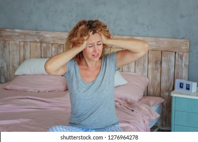 Insomnia In Women During Menopause / Overwork And Early Ascents/ Middle-aged Woman Sleeping Asleep In Bed / Copy Space