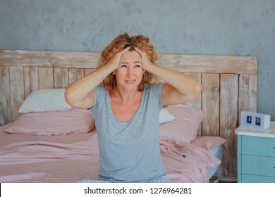 Insomnia In Women During Menopause / Overwork And Early Ascents/ Middle-aged Woman Sleeping Asleep In Bed / Copy Space