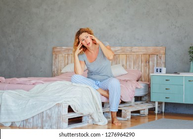 Insomnia In Women During Menopause / Overwork And Early Ascents/ Middle-aged Woman Sleeping Asleep In Bed / Copy Space