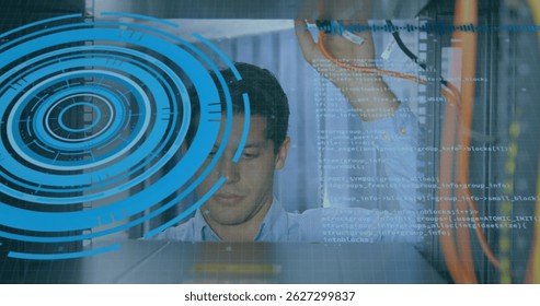 Inspecting Asian man checking patch cables in data center, with digital code overlay and blue HUD. Technology, cybersecurity, data, automation, innovation, digital, infrastructure