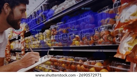 Inspecting bearded man recording data in produce aisle, with clipboard pen, map graphic, copy space. Analytics, inventory, quality control, logistics, data management, retail, freshness