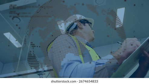 Inspecting digital map in plant, engineer wearing hard hat vest holding clipboard and pen. Industrial, safety, precision, technology, productivity, monitoring, management