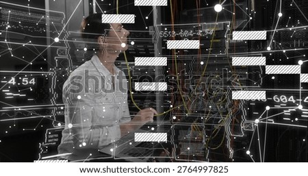 Inspecting server racks, female tech in light shirt checking colorful cables, laptop, AR overlays. Datacenter, networking, cabling, patchpanel, switches, notebook, topology