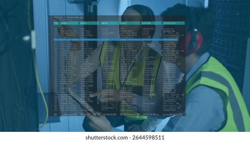 Inspecting technicians wearing hi vis vests checking server cables in server room, with clipboard. Technology, cybersecurity, data, network, industrial, professional, analysis