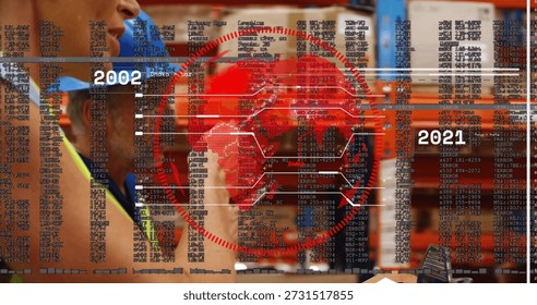 Inspecting two warehouse workers checking tablet by racks, wearing blue hard hats, copy space. Colleagues, logistics, inventory, shelving, pallets, overlay, globe - Powered by Shutterstock - Get 15% off with code: PIKWIZARD15